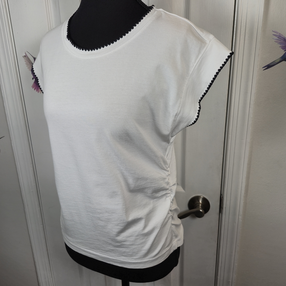 Madewell White Ric Rac Trim Ruched Side Cap Sleeve Tee M - Picture 3 of 6